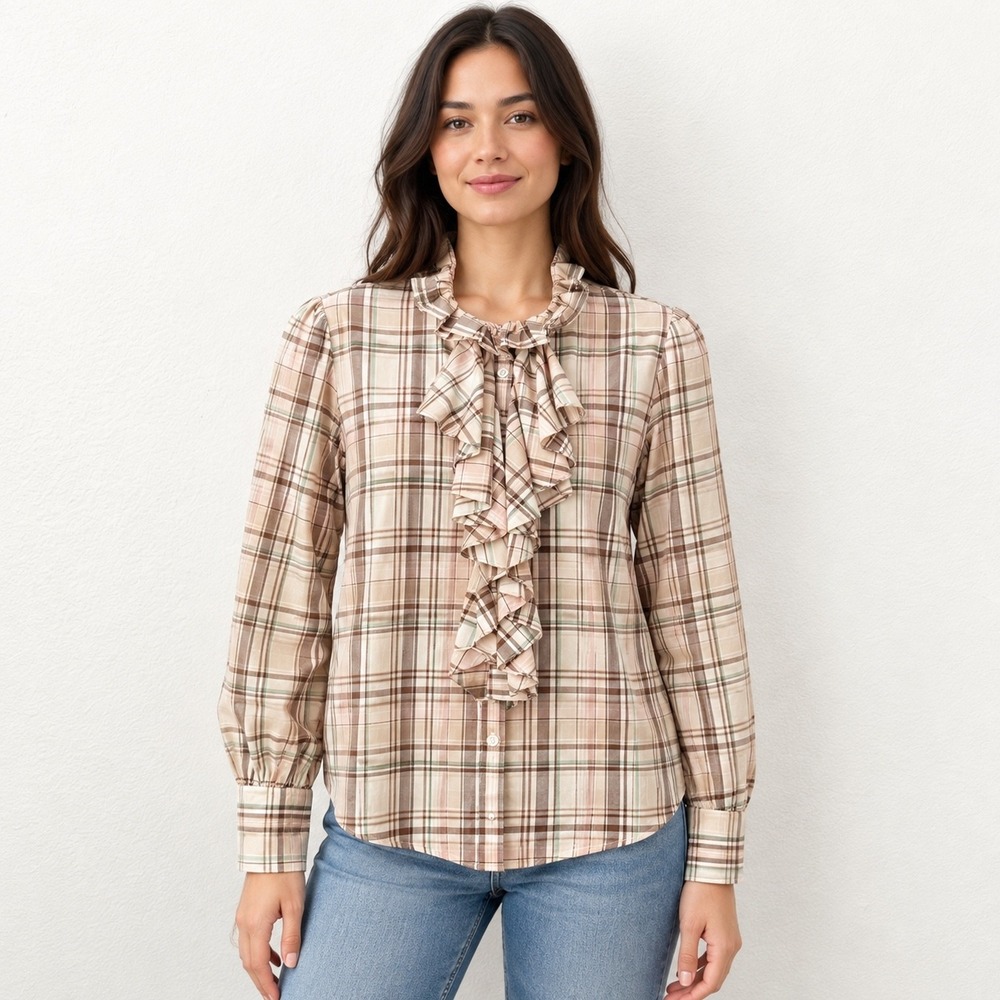 Lauren Ralph Lauren Plaid Ruffle Jabot Blouse Tan Pink XL Long Sleeve Cotton